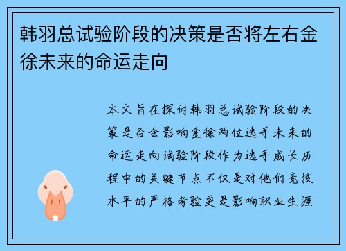 韩羽总试验阶段的决策是否将左右金徐未来的命运走向
