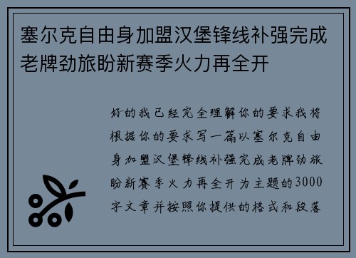 塞尔克自由身加盟汉堡锋线补强完成老牌劲旅盼新赛季火力再全开